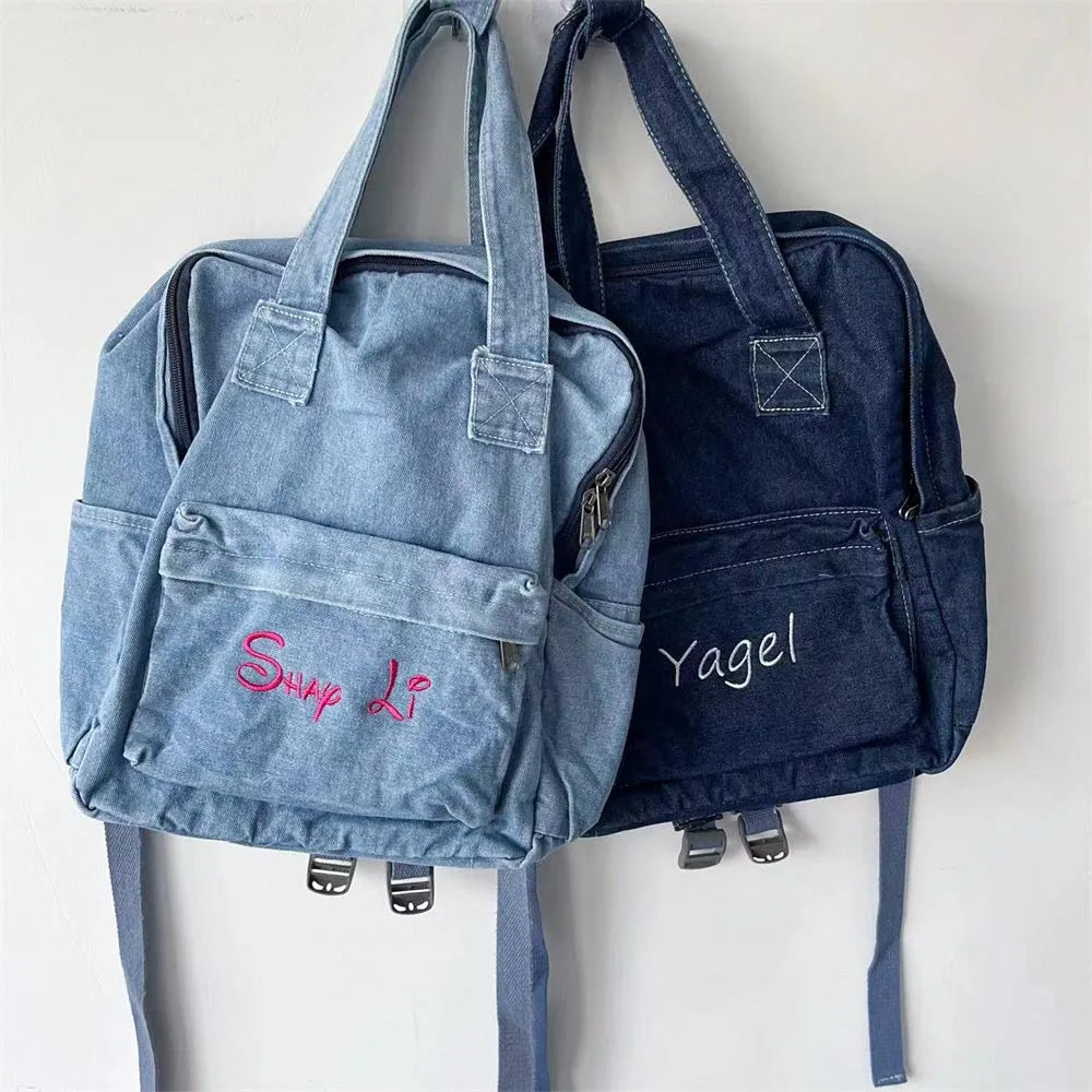 Women's Denim Backpack Personalized Gift Bag Embroidered Name Kids Adult Shoulder Bags Simple College Student Denim Schoolbag
