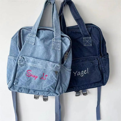 Women's Denim Backpack Personalized Gift Bag Embroidered Name Kids Adult Shoulder Bags Simple College Student Denim Schoolbag