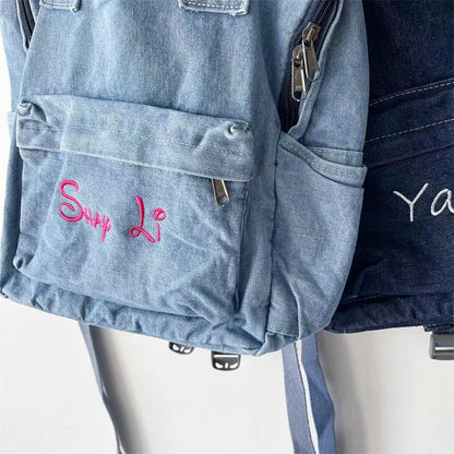 Women's Denim Backpack Personalized Gift Bag Embroidered Name Kids Adult Shoulder Bags Simple College Student Denim Schoolbag